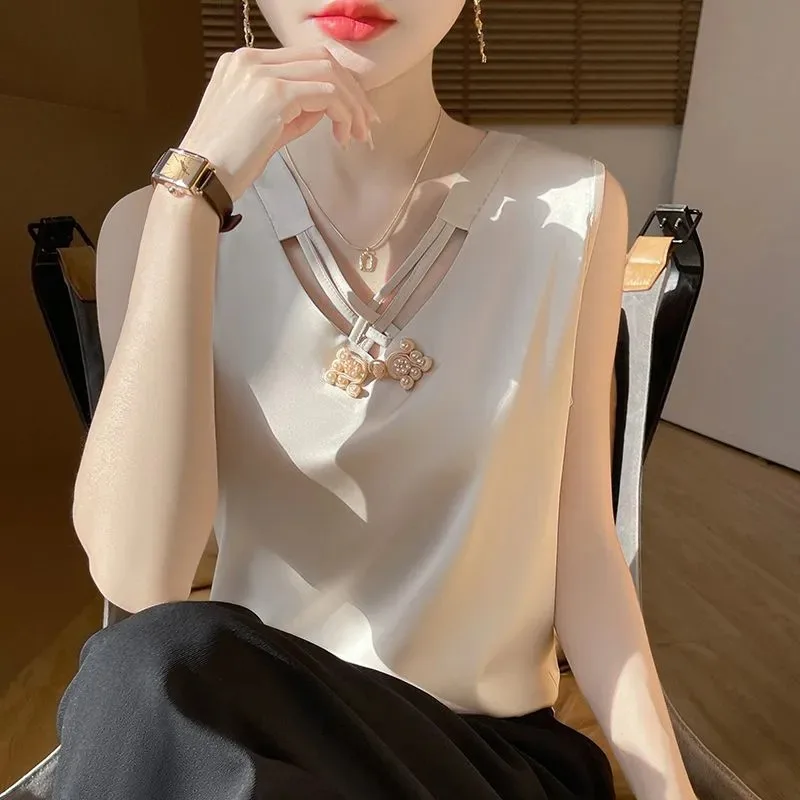 Elegant Women Satin Top Summer Chinese Button V Neck Sleeveless Blouse Suit Match Inner Wear Vest