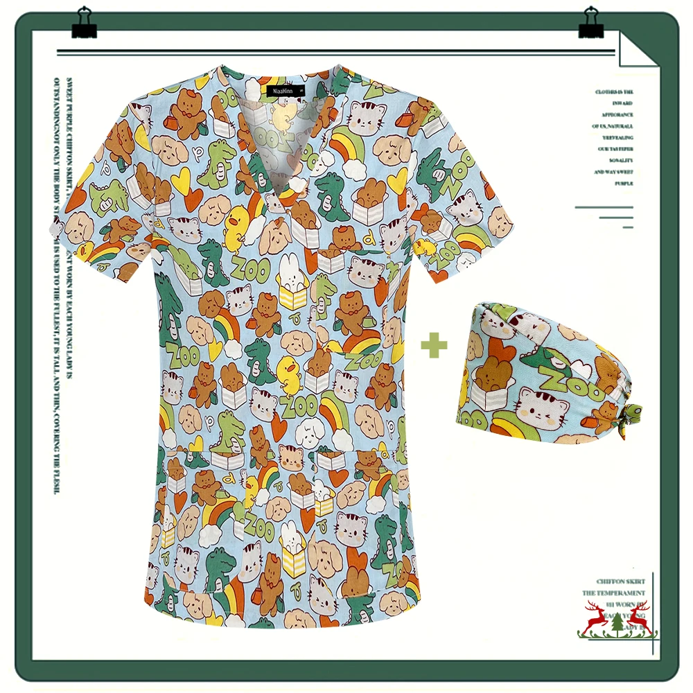 Cartoon Print Tops Met Rechte Broek Dames Medische Scrubs Shirts Verpleegstersuniformen Pet Shop Werkkleding Met Korte Mouwen