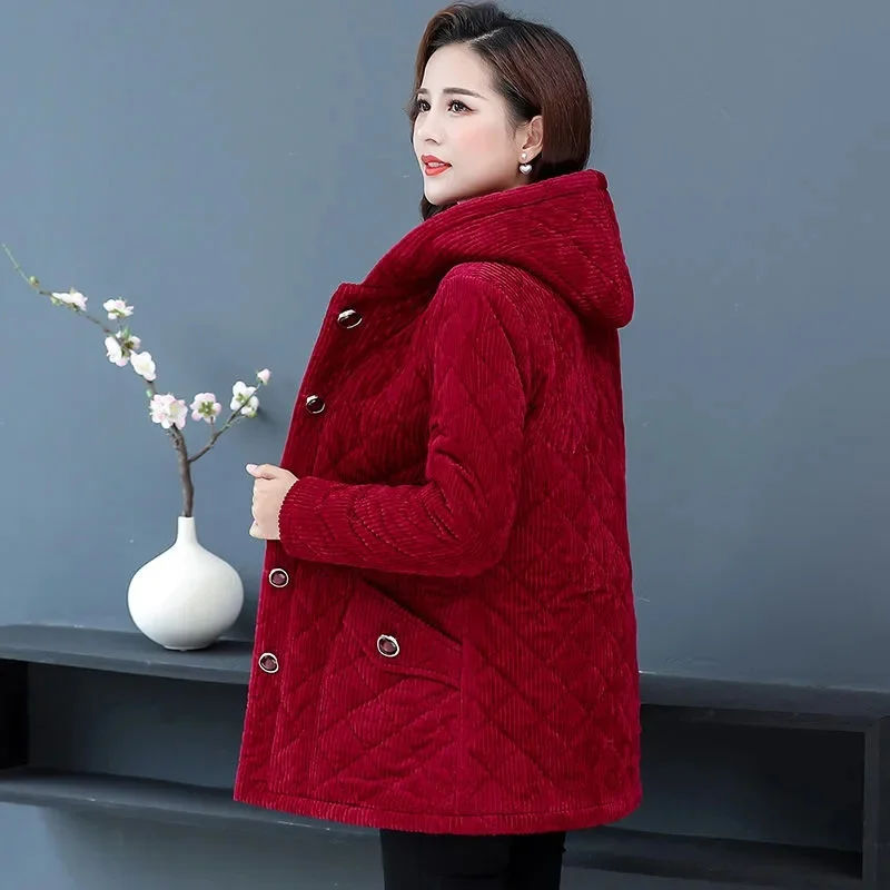

Corduroy Cotton-Padded Coat Women Parkas 2025 Winter New Middle-Aged Elderly Cotton Jacket Mother Overwear Hooded Outwear Ladies