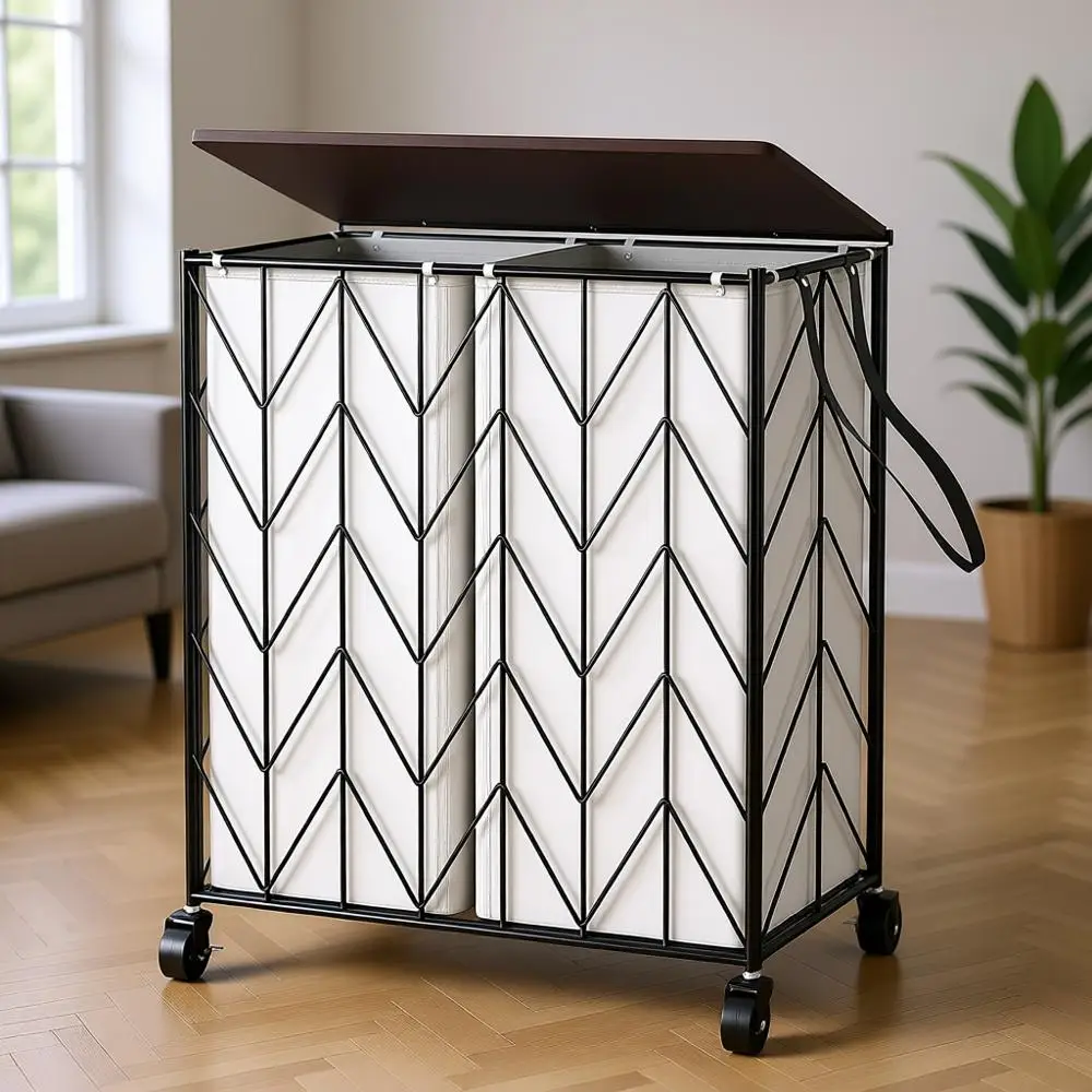 

Durable Rolling Laundry Hamper with Wooden Lid, Large Capacity, Removable Liner for Easy Sorting (Beige)