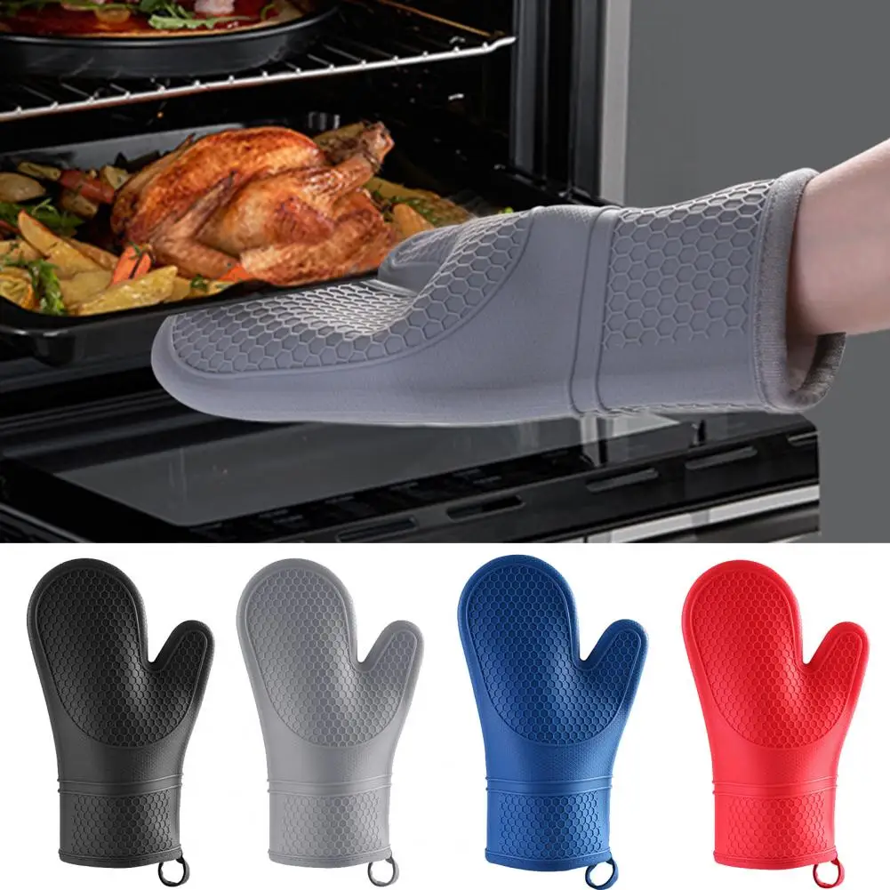 1Pc Baking Gloves Hanging Hole Kitchen Mittens Non-slip Eco-friendly Extra Length Insulated Kitchen Oven Mitts Home Use