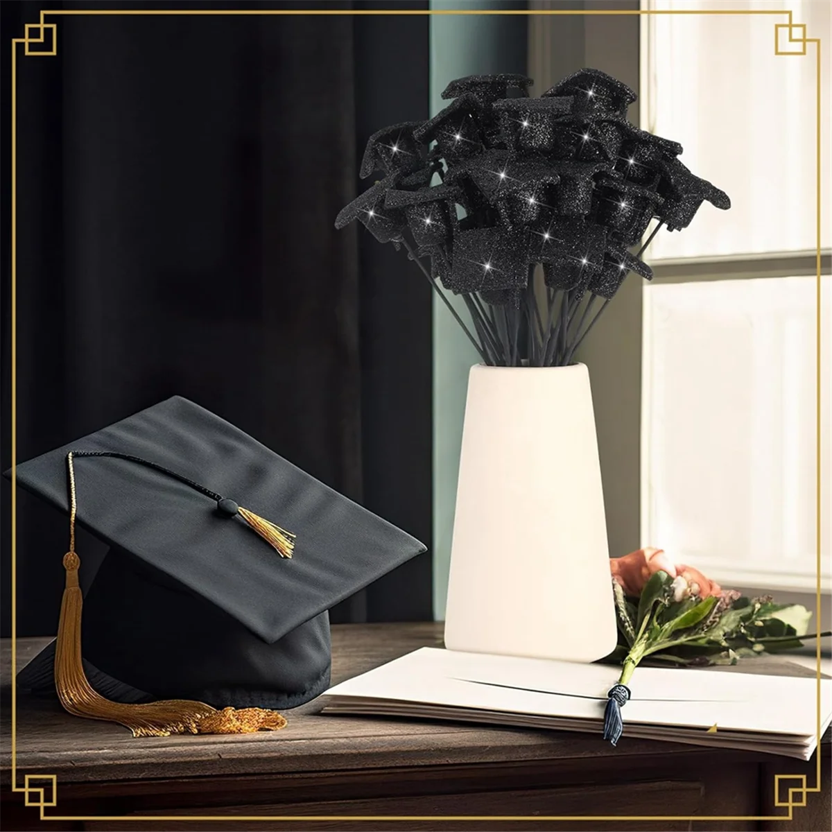 ABFW 36 Pcs Graduation Cap Glitter Picks Foam Hat Picks for Grad Party Table Centerpiece Vase Filler Decoration