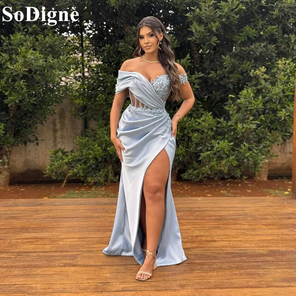 

SoDigne Elegant Silver Blue Evening Dresses Mermaid High Split Off Shoulder Appliques Party Dress 2025 Chic Prom Gown Customized