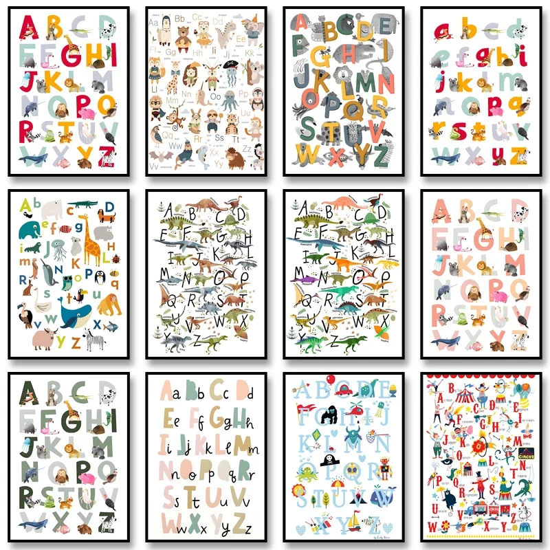 Modern Dinosaur Alphabet Art Wall Art Poster Animal ABC Art Print Canvas Painting Picture for Nursery Room Home Decoration