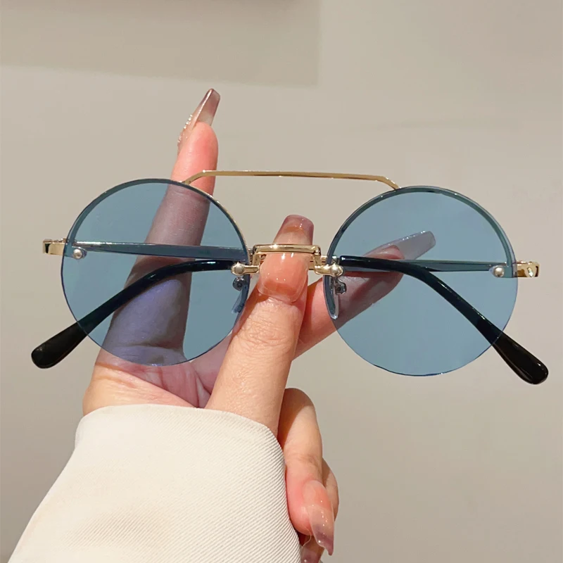 KAMMPT Vintage Runde Sonnenbrille Männer 2025, Neue Mode Randlose Doppel Brücke Shades Frauen Retro Trendy Marke Design Sonnenbrille
