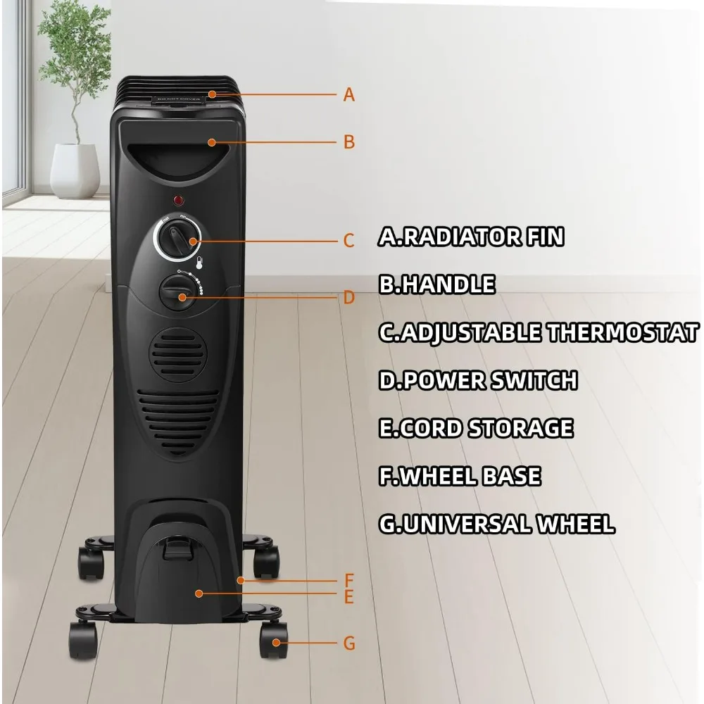 Oil Filled Radiator Heater - 3 Heat Settings, Adjustable Thermostat, Quiet and Portable Space Heater with Tip-over