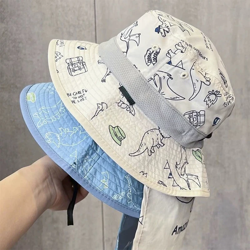 UV Protection Kids Shawl Cap Summer Quick Drying Fisherman Hat 1-4Year Children Sunshade Visors Dinosaur Print Baby Sun Hats