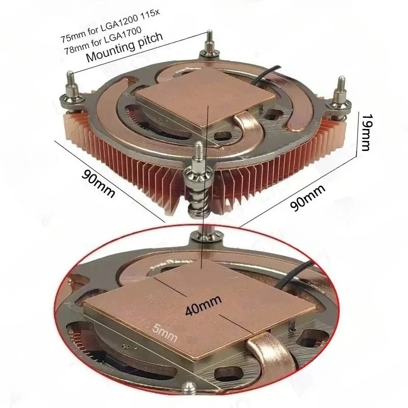 19mm Low Profile CPU Cooler Pure Copper Base Heatsink with Cooling Fan for LGA1700/1200/115X Socket Mini ITX HTPC Builds