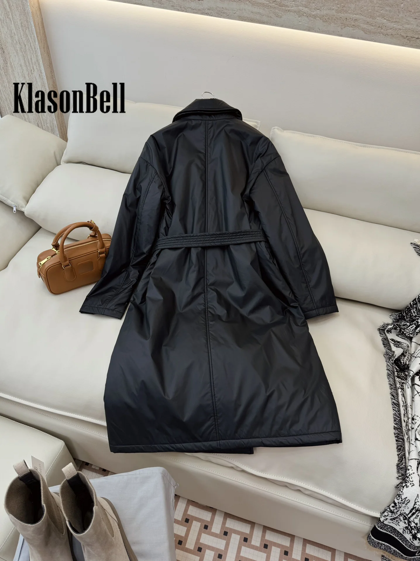 8.28 KlasonBell-Women Temperament Camel Hair Long Parkas Lapel Collar Double Breasted Sashes Collect Waist Keep Warm Coat