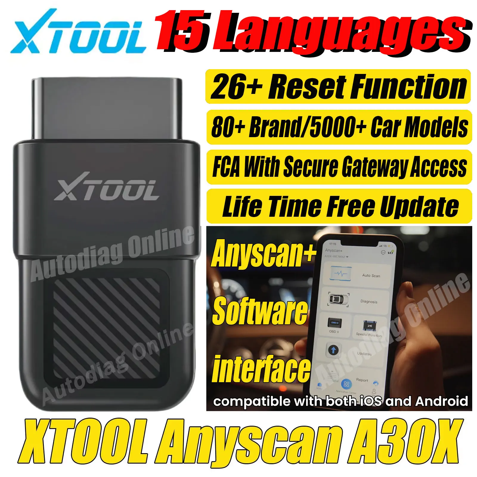 

XTOOL New A30X Bluetooth Scanner Car Diagnostic Scan Tool 26+ Reset Service Code Reader Diagnostic For FCA vehicle A30X Scanner