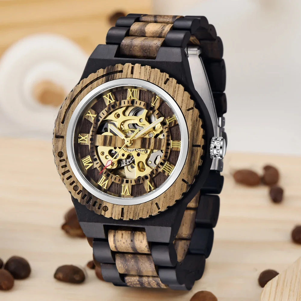 Wooden Hollow Automatic Hand Wind Mechanical Men's Watch Fashion Wooden Folding Buckle Strap Business Leisure Men's Watch Gift