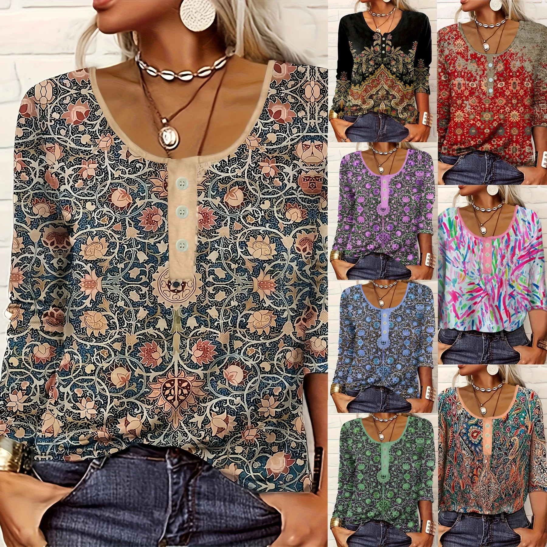 

2024TEMU Independent Station Women's plus Size Clothing V-Ne Casual Ethnic Print Buttoned Long Pants Low Waist Design