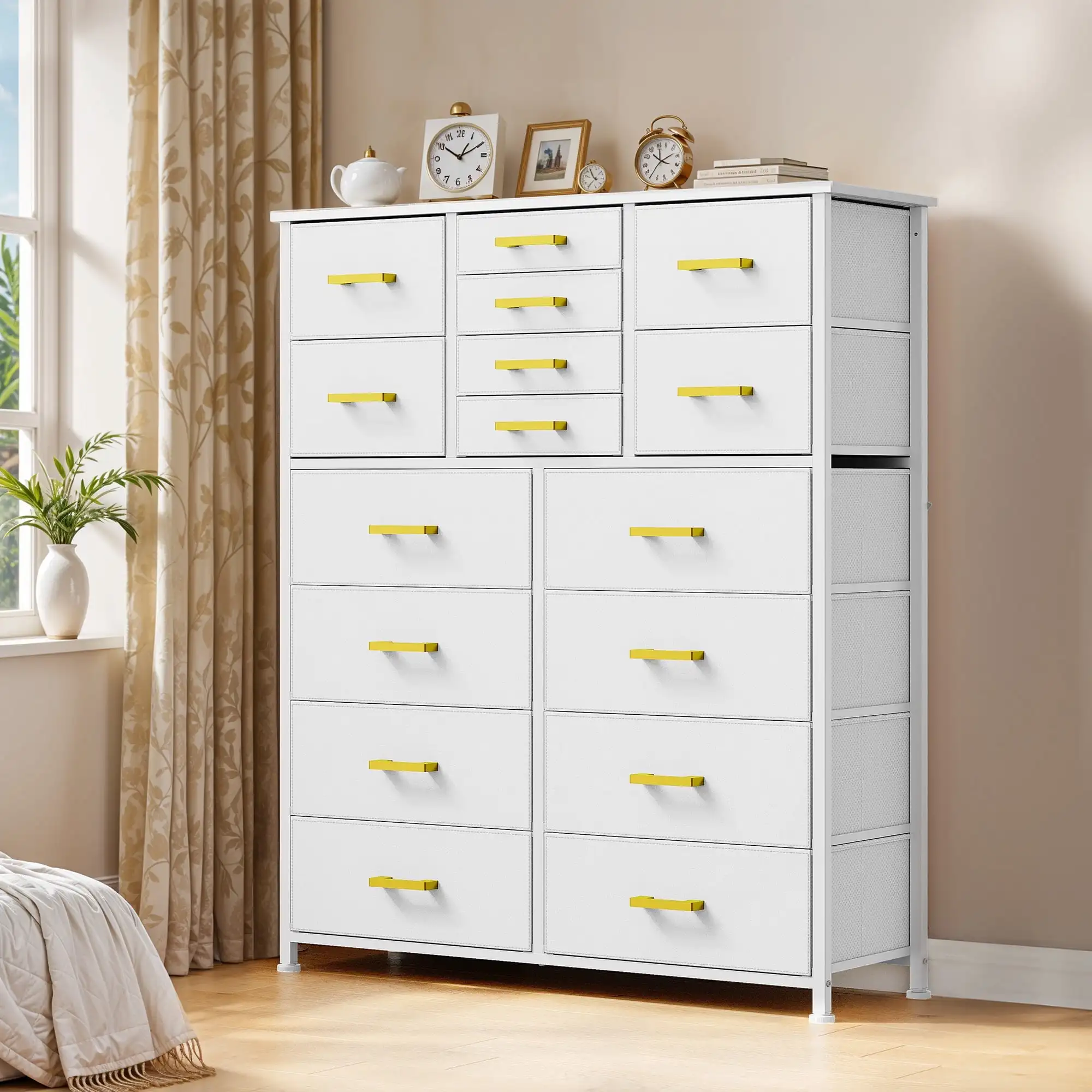 

16-Various Drawer White Tall Dresser with Sturdy Metal Frame & Wooden Top, Fabric Storage Organizer for Bedroom