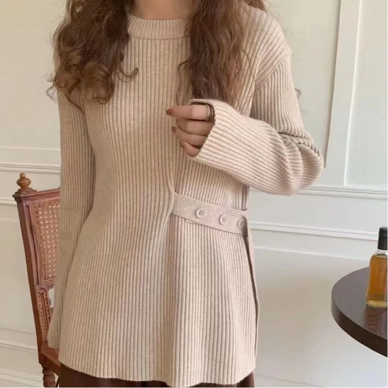 

Fashion Women's Solid Color Round Neck Sweater 2023 Autumn and Winter New Loose Commute Button Spliced Long Sleeve Knit Pullover