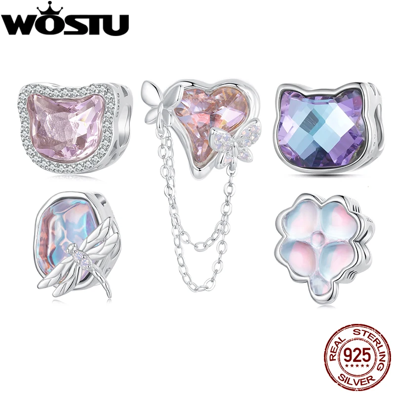 WOSTU 925 Sterling Silver Pink Crystal Cat Charm Rainbow clover Beads Butterfly Heart Pendant Fit Bracelet Necklace DIY Gift