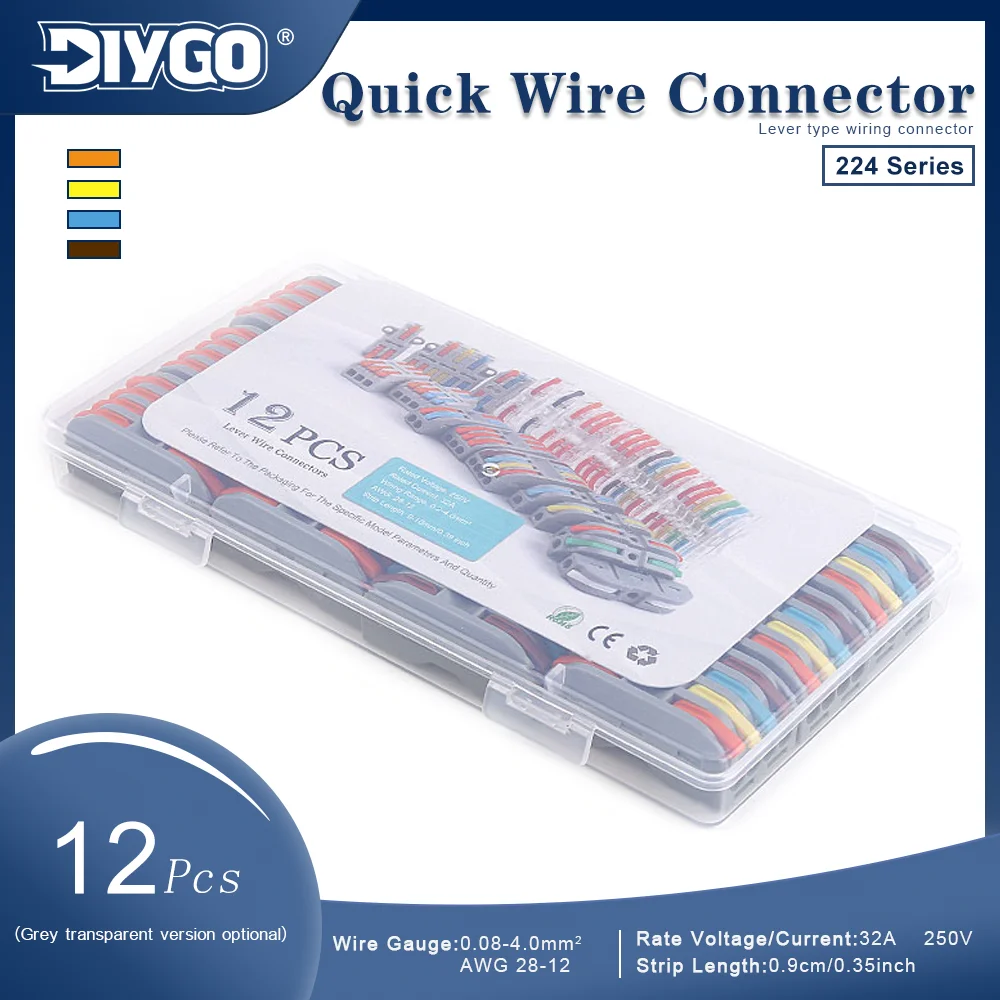 12Pcs/Box Mini Fast Lever Wiring Cable Connector Set 4Pin Compact Quick Wiring Terminal for Any Circuit Inline Splices 28-12 AWG