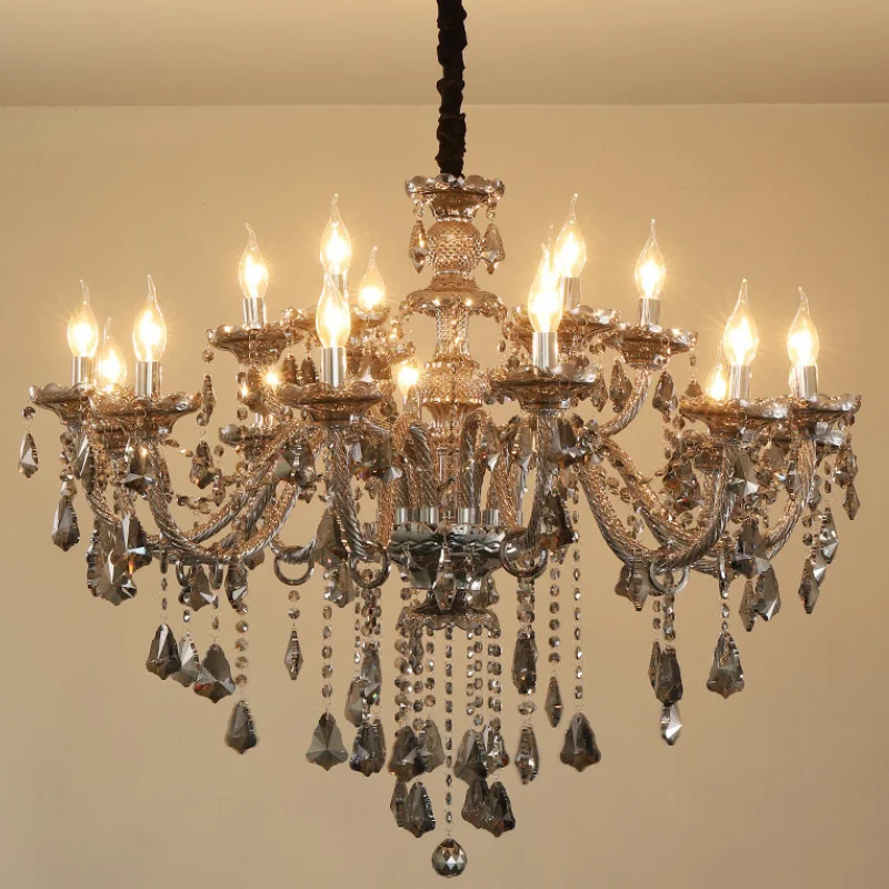 Chandelier Luxury Crystal E14 Lighting Attractive Siver Metal Modern Smoky Grey Family Living Room Kitchen Lustre Fixtures