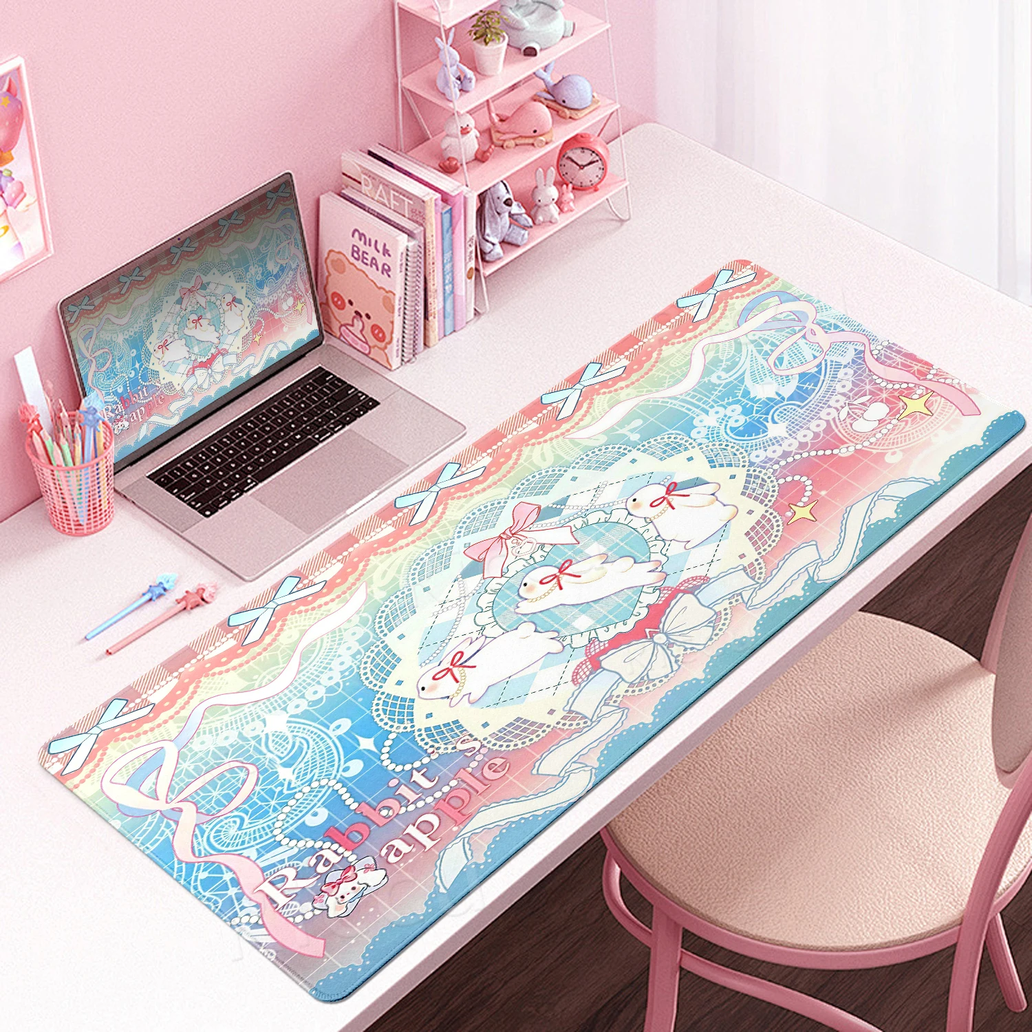 New Design Bunny Desk Pad Computer Keyboard Professional Mousepad Gaming Large Mat Pastel Pink Animal Kawaii Anime Stitched Edge