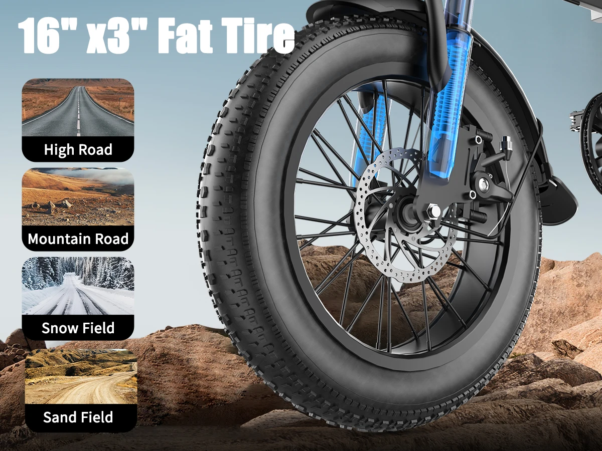 16 inch fat tire folding electric bicycle, 750W  brushless motor, range of 40 miles, 48V 20Ah detachable battery