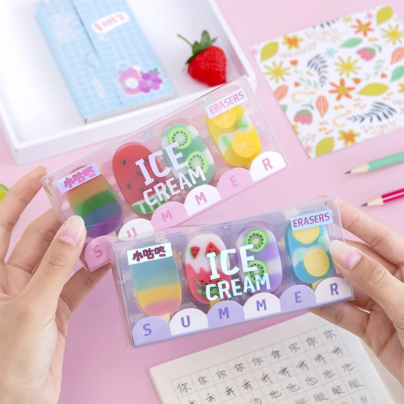 Gomas Kawaii de goma de hielo para niños y estudiantes, material escolar de papelería, goma de borrar de comida fresca, novedad de verano, 4 unidades por juego