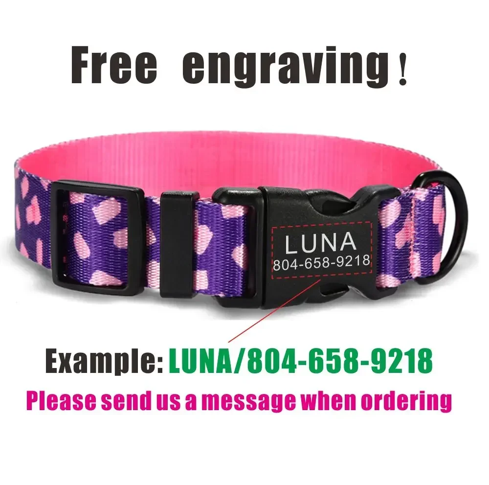 Personalized Dog Collar with Free Engraving, Matching Pet Leash,Customzied Contacts Buckle, Pink Candy Purple Pet Collar