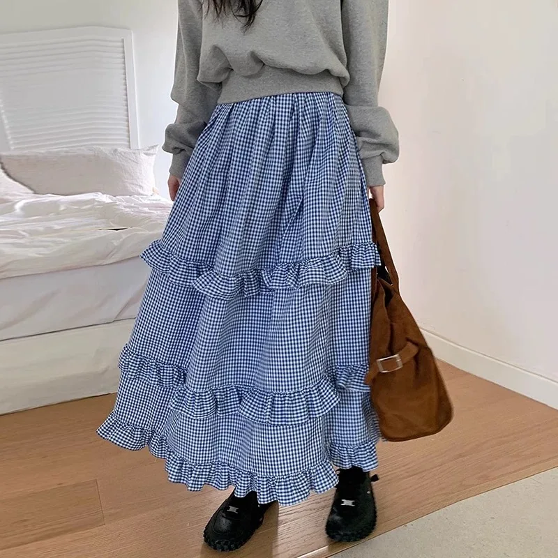 Clothland Women Sweet Ruffled Plaid Skirt Elastic Waist A Line Blue Female Cute Fashion Midi Skirts Mujer BA316