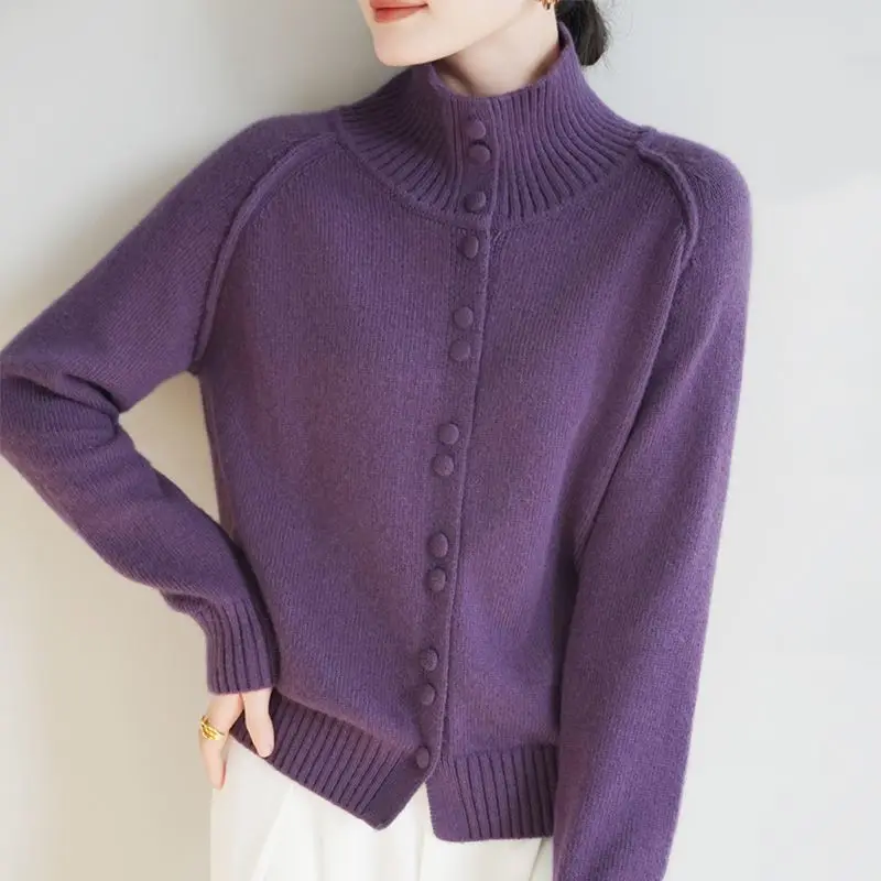 

Buttoned Half-high Neck Knit Cardigan High-end Jacket Thickened Warm Long-sleeved Sweater with Lapel Base