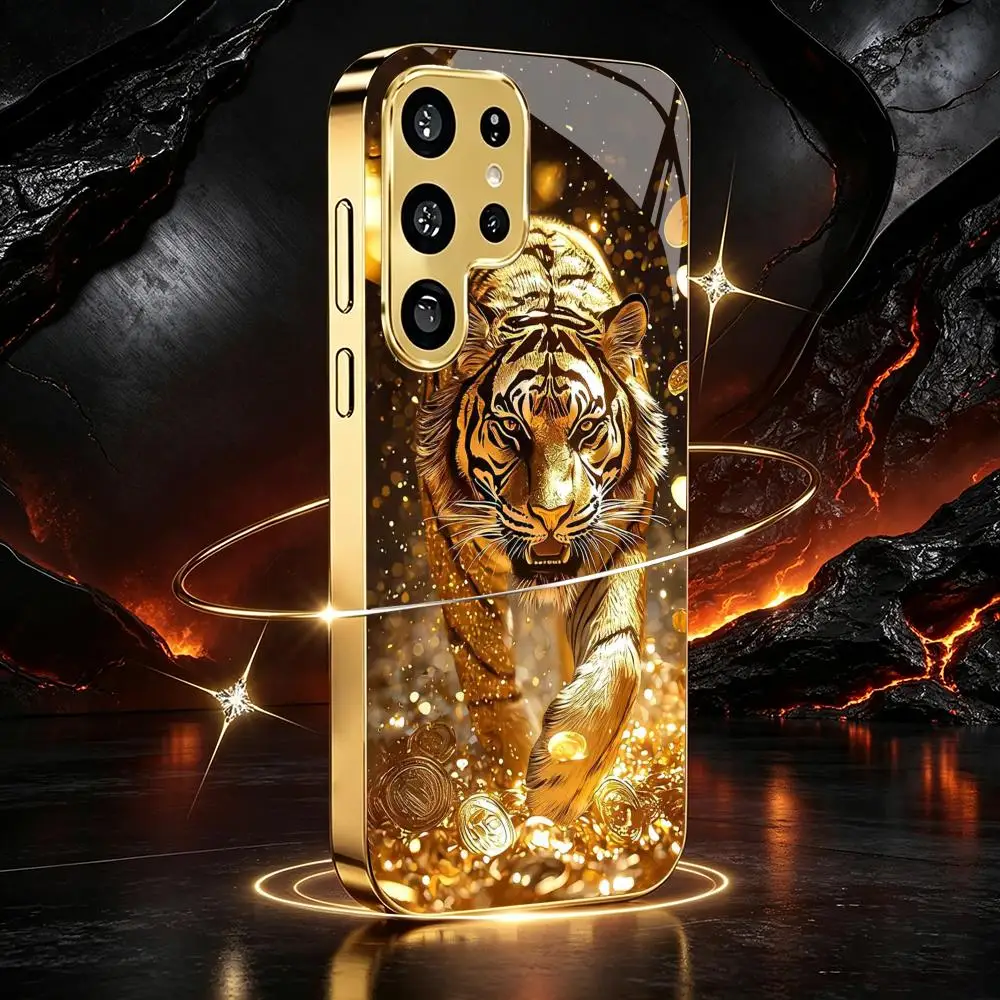 High end tiger electroplated glass phone case suitable for Samsung Galaxy S26 S25 S24 S23 S22 S20 FE/Ultra/Plus anti drop
