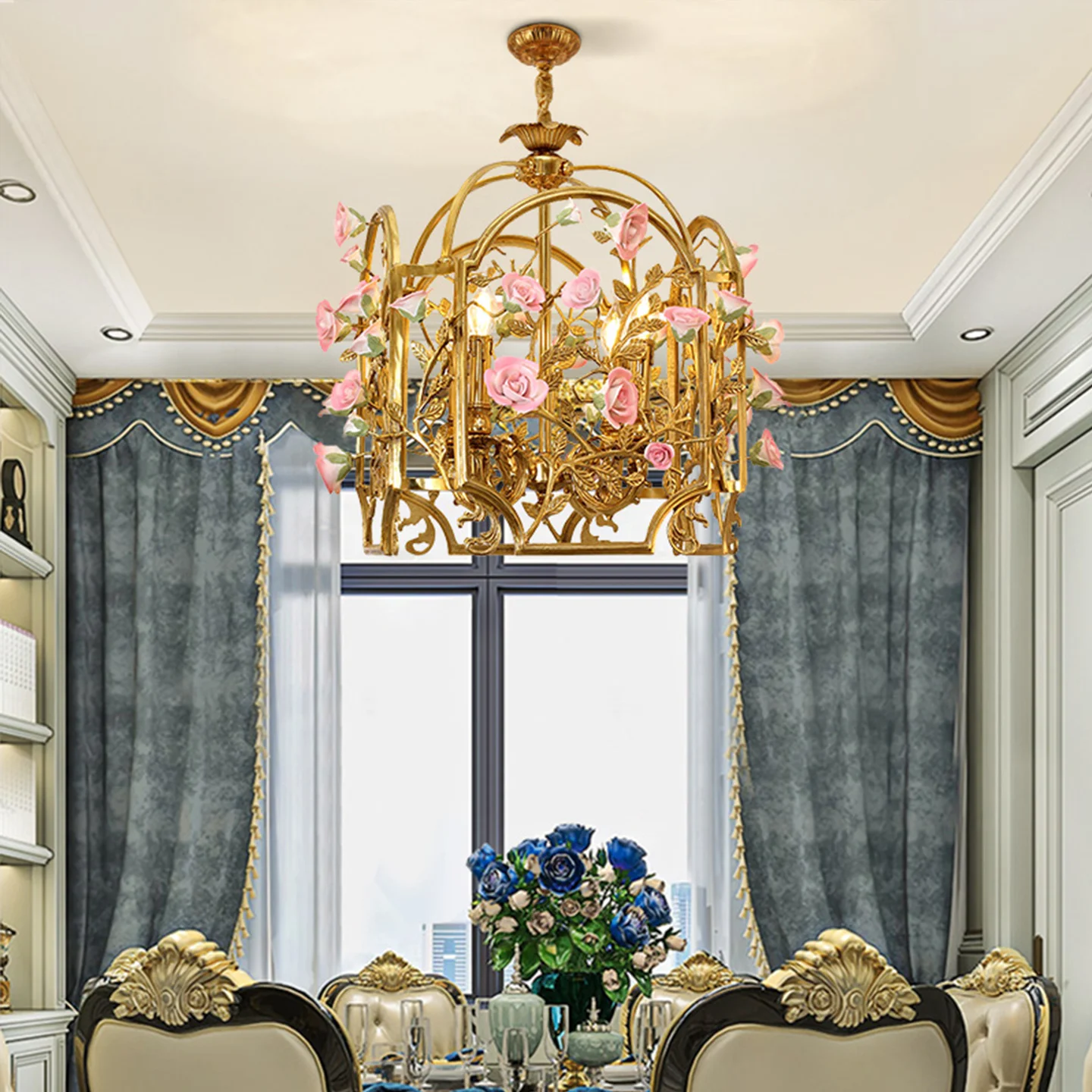 French Art Ceramic Flower Design Living Room Bedroom Brass Chandelier Hall Banquet Hall Wedding Decor Pendant Lamp
