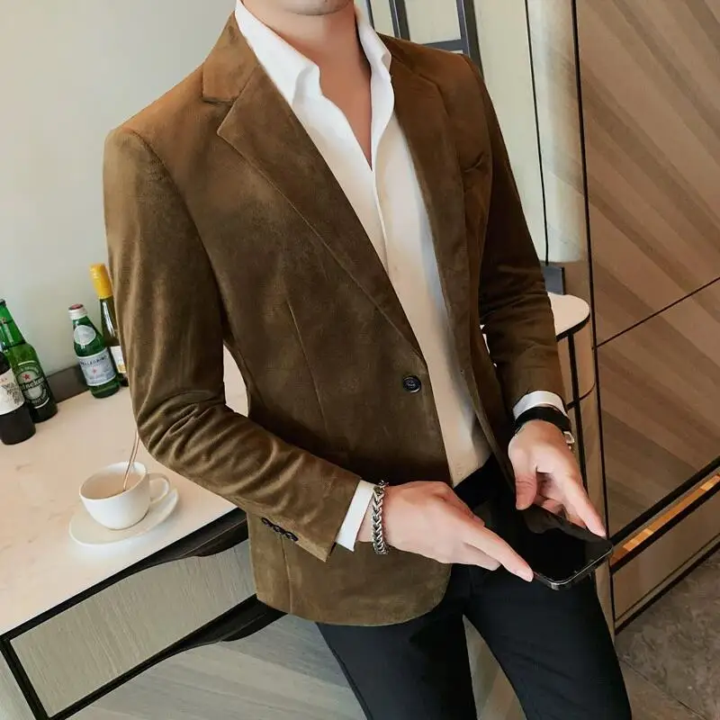 2023 Autumn Velvet Blazers Jacket Solid Color Casual Slim Fit Business Suit Coat High Quality Fashion Men Wedding Social Tuxedo