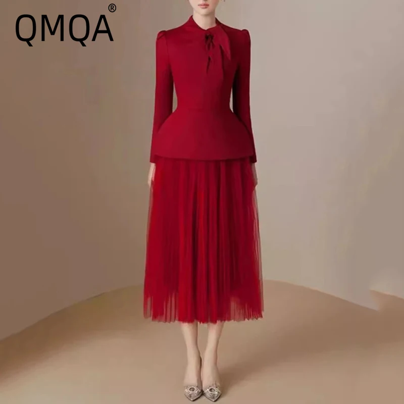 QMQA Fashion Women's Elegant 2 Pcs Set Lace-up Waist Retraction Slim Tops Mesh Mid-calf Skirt Suit Autumn 2024 New 1A606