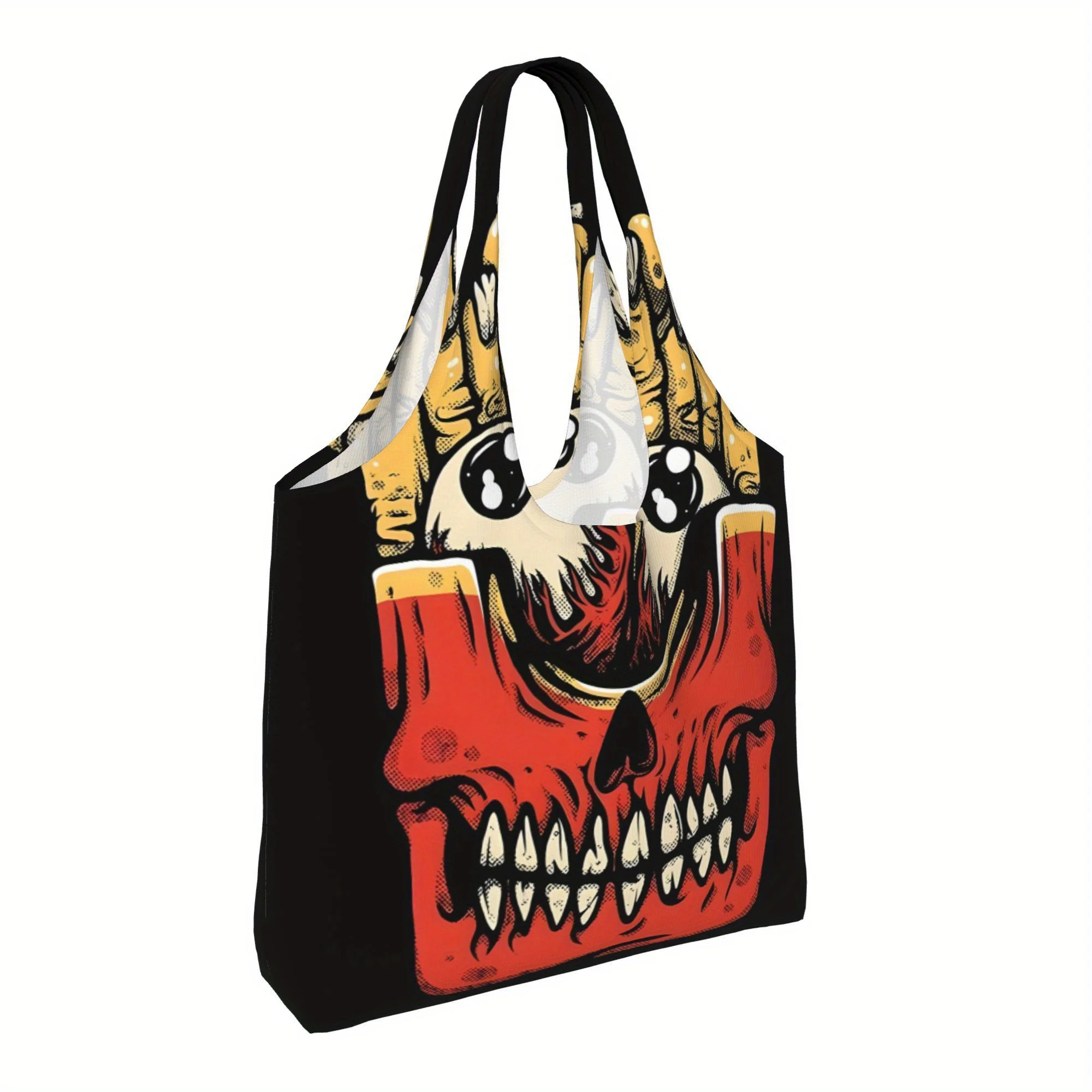 

1pc Snack Large Capacity Canvas Tote Bag for Women - Black with Bold Skull & Flame Print, Reusable Shoulder Bag for Shopping,