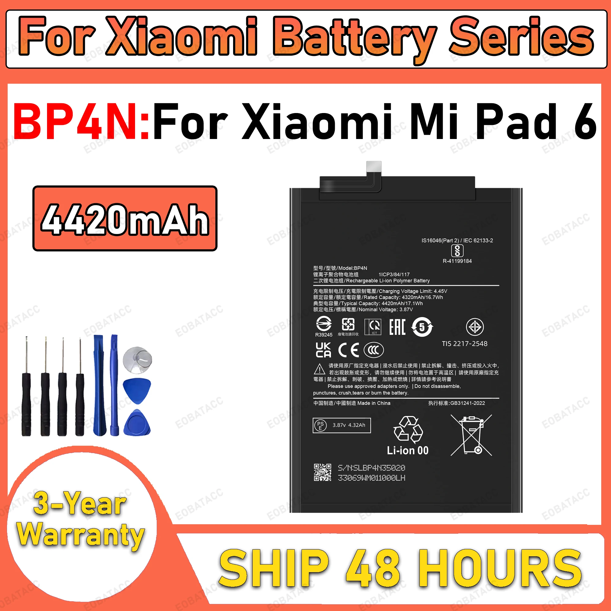 4420mAh 100% neuer BP4N Akku für Xiaomi Mi Pad 6 Ersatzakku + kostenlose Werkzeuge
