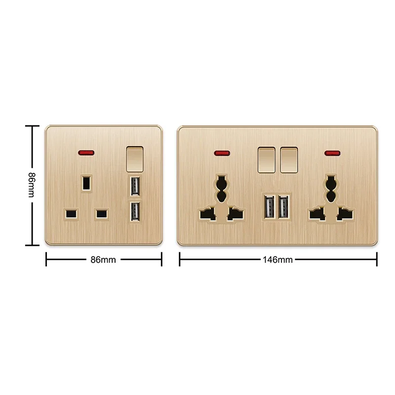 YINKA 13A 영국 표준 전등 스위치, USB가 있는 이중 소켓, 1 2 3 4 갱 벽 전등 스위치, AC110-250V, 플라스틱 86/146 유형