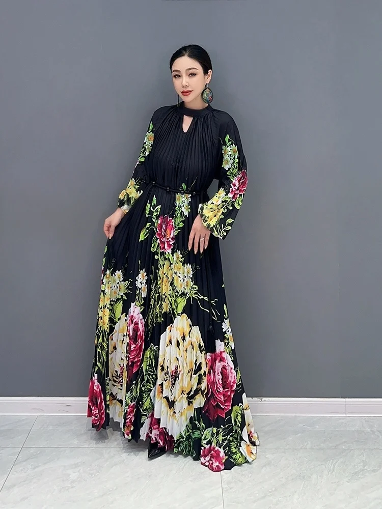 2024 Spring Summer Casual Light Luxury Wind Pressure Pleated Waist Long Dress Fashion Printed Small Flower Personalized ZY1923