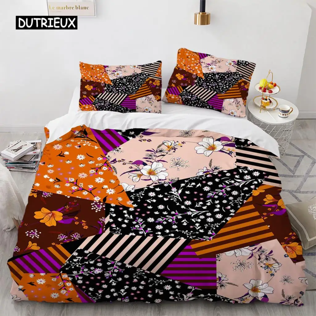 

Geometric Flowers King Queen Duvet Cover Abstract Floral Bedding Set Adults Colorful Modern Splicing Art Polyester Quilt Cover