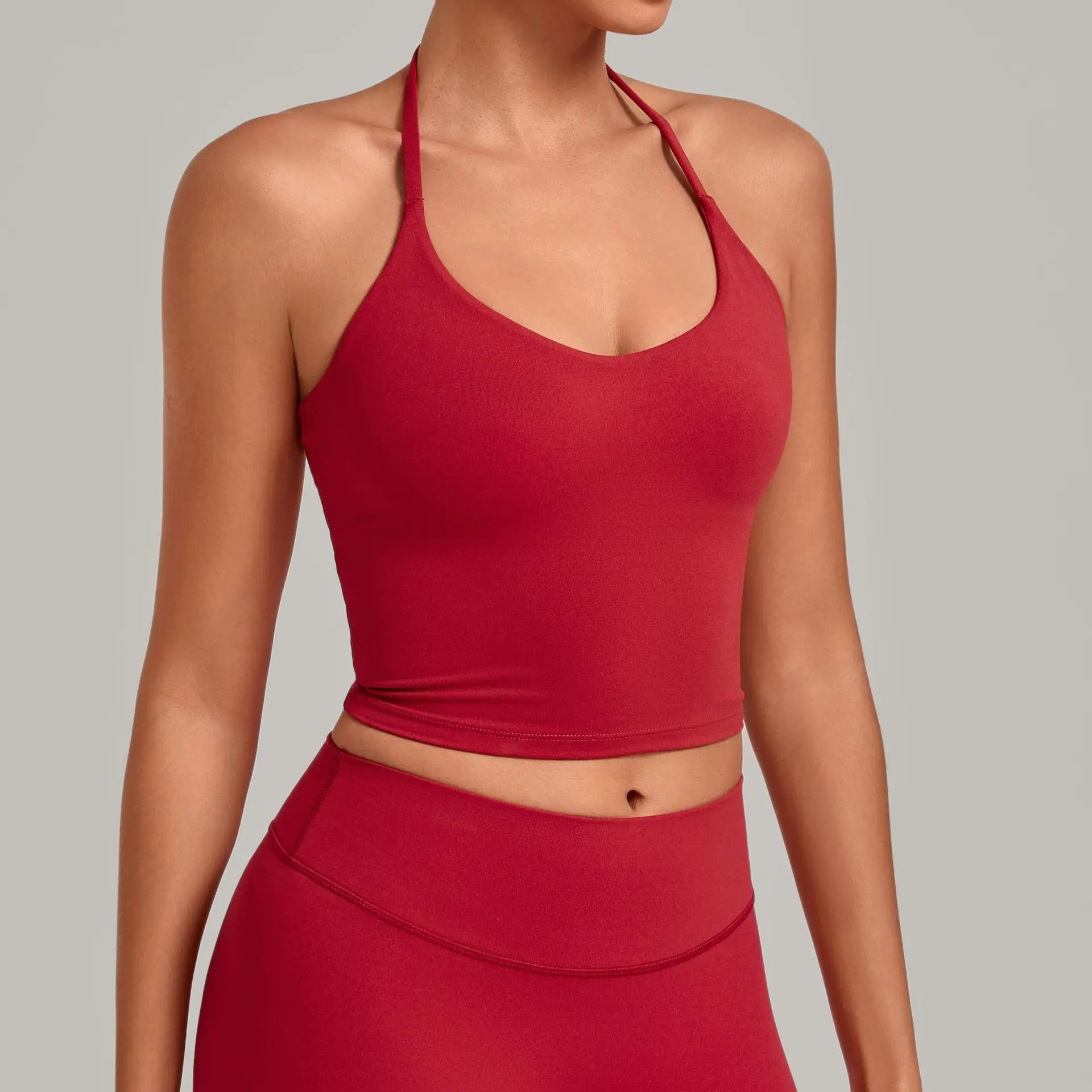 Halter Yoga Bra Women Fitness Top Running Workout Vest Underwear Gym Tank Push Up Neck Longline Padded Removable Cups Open Back