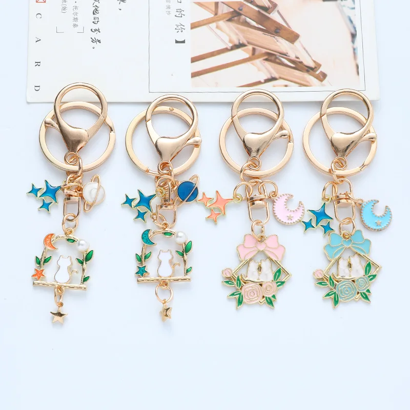 Cute Cat Keychain, Dream Starry Sky Alloy Pendant, Cartoon Animal Key Ring Charm for Bag Backpack, Couple Friend Gift Accessory