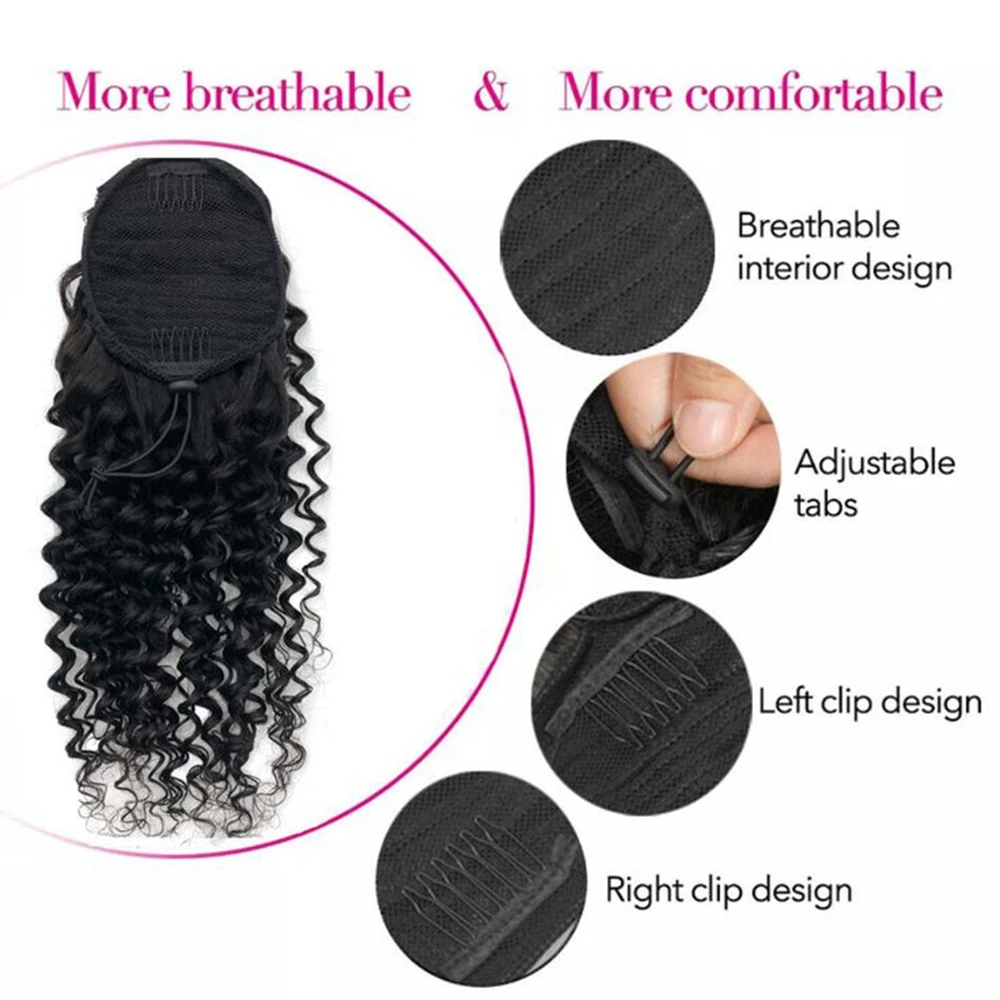 Human Hair Extensions Deep Water Wave Drawstring Ponytail Kinky Curly Brazilian Natural Black With Clip Ins Ponytail