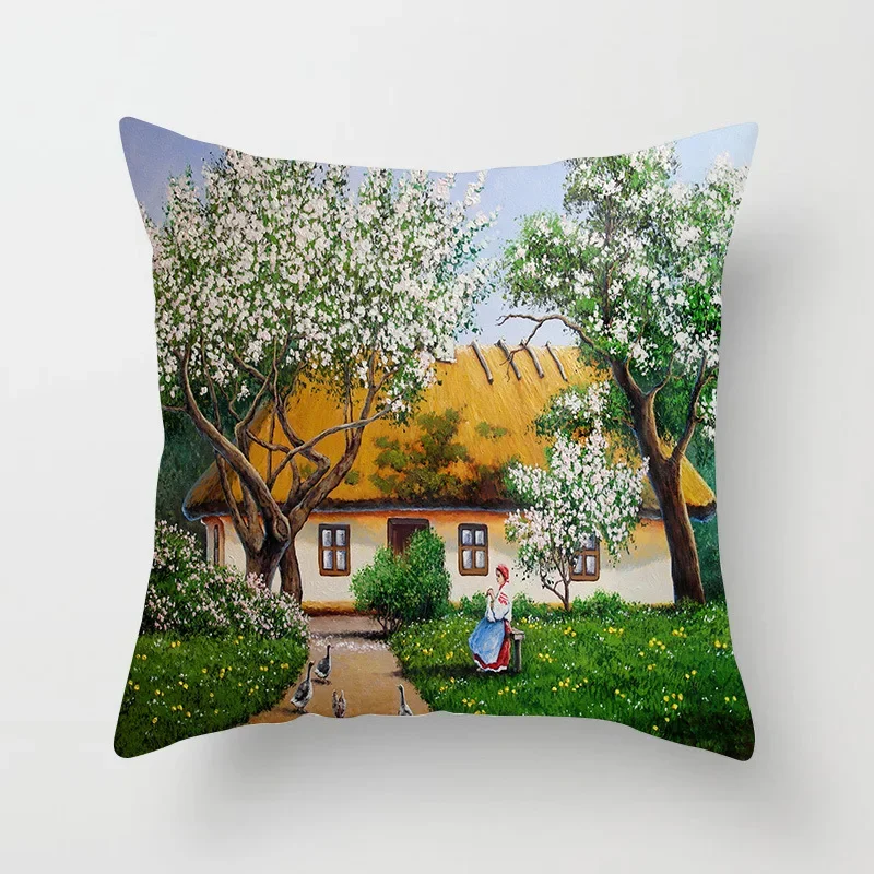 Oil Painting American Country Polyester Pillowcase Landscape Bird Flower Decorative Cushion Cover Vintage Sofa Chair Home Decor