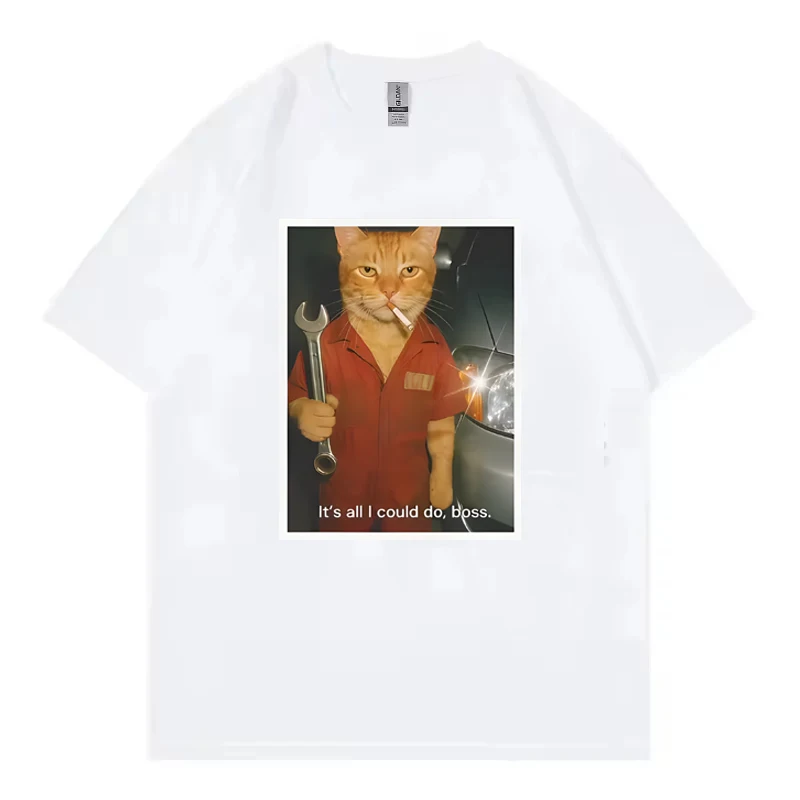 Funny Cat Mechanic Meme Printed T-Shirt Women Fashion Clothing Harajuku T-shirt Loose and Casual Women T-shirts Streetwear