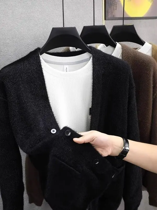 

Мужской вязаный кардиган с V-образным вырезом, повседневный, свободный, модный, осенне-зимняя верхняя одежда на пуговицах, с длинными рукавами