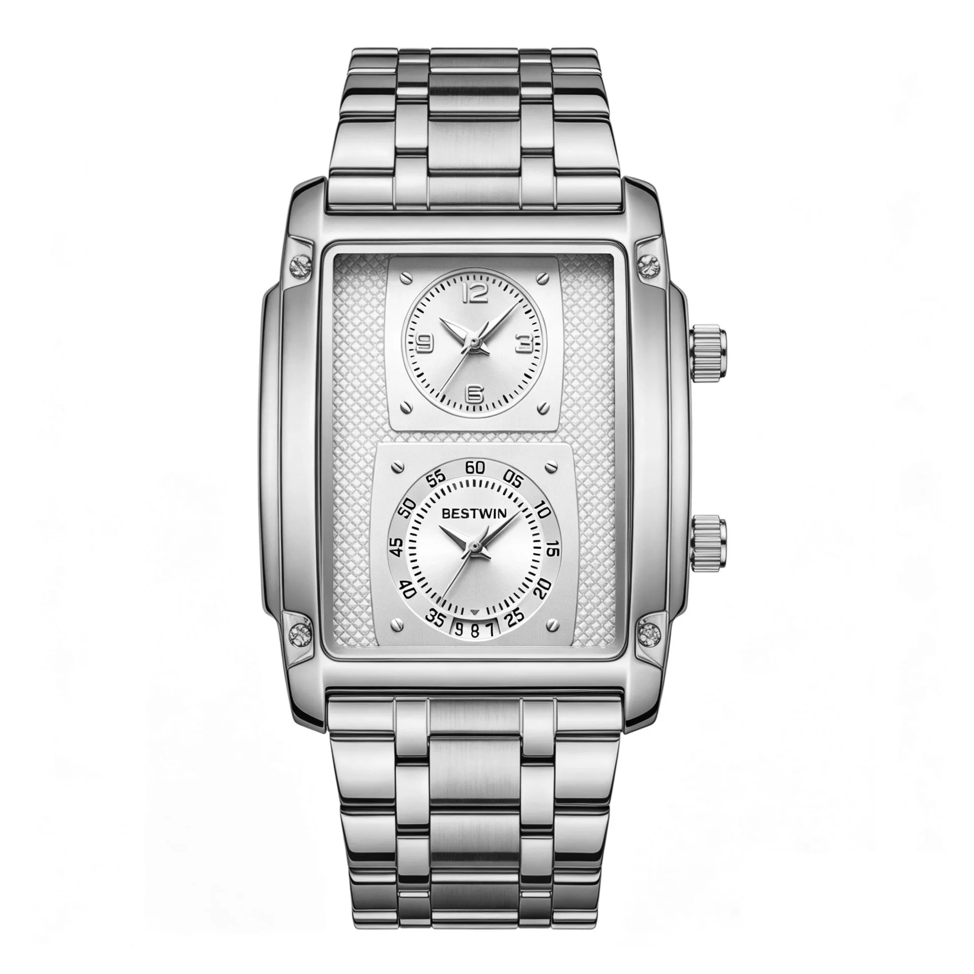 Men's Dual Time Zone Watch Rectangular Analog Wristwatch Metal Link Bracelet Business Dress Gift