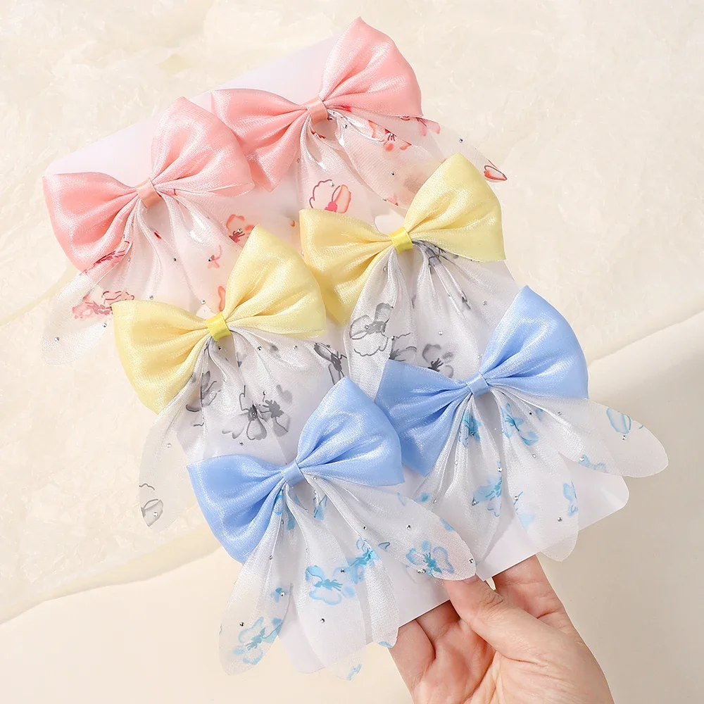 2 ชิ้น/เซ็ต 3.15x4.13 "ผม Bows Hairbangs สําหรับสาว Hairgripes Cheer Bow Stain Hairclip ชีฟองพิมพ์ Headdress กรงเล็บของขวัญ