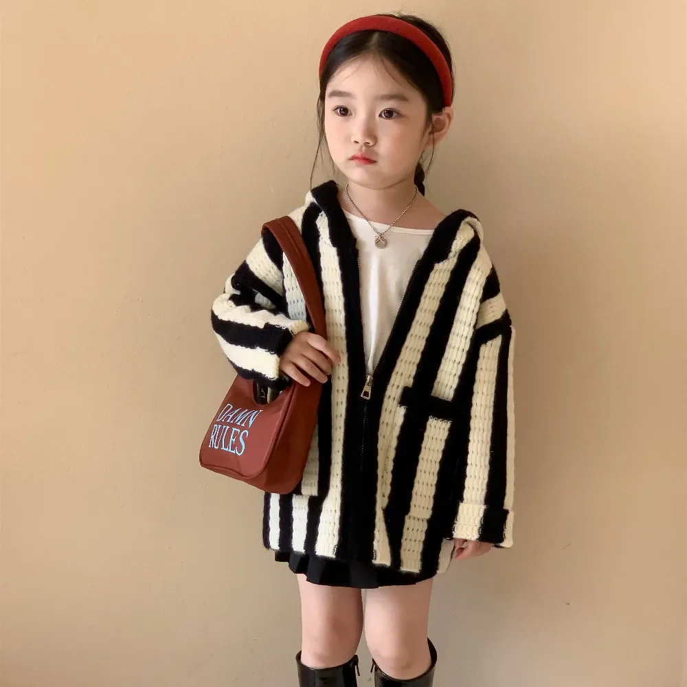 Hooded Sweater Girls Coat Lovely 2023 Spring Autumn New Korean Version Striped Casual All-match Hooded Kids Tops for Girls