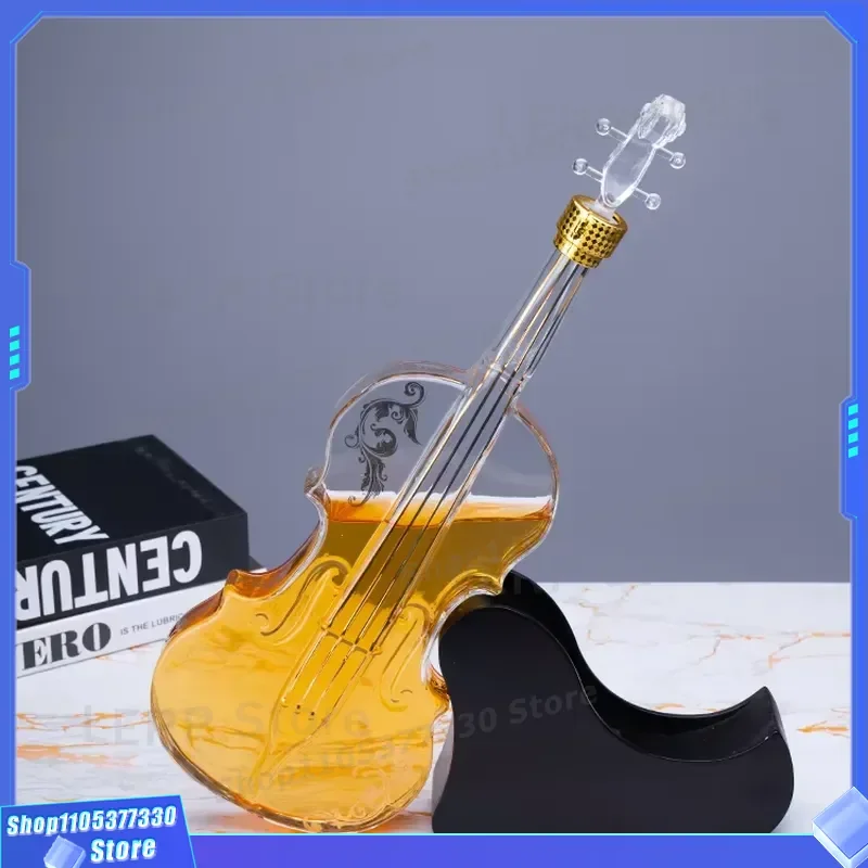 1000ml Handmade Glass Whiskey Bottle Violin Shape Rum Decanter with Wooden Base Unique Water Utensil for Home Bar Decor Gift