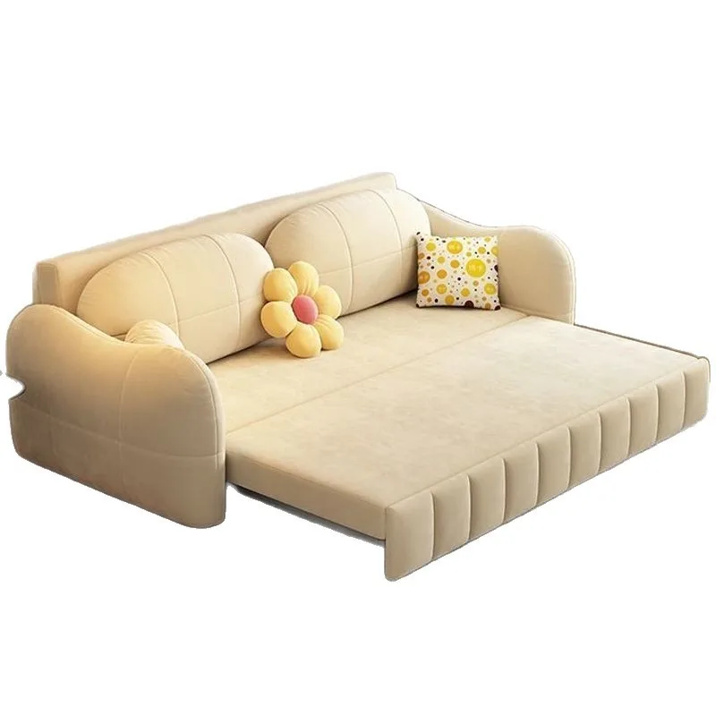 Cream wind multi-functional sofa bed, small apartment living room foldable integrated dual-purpose puff flannel double bed