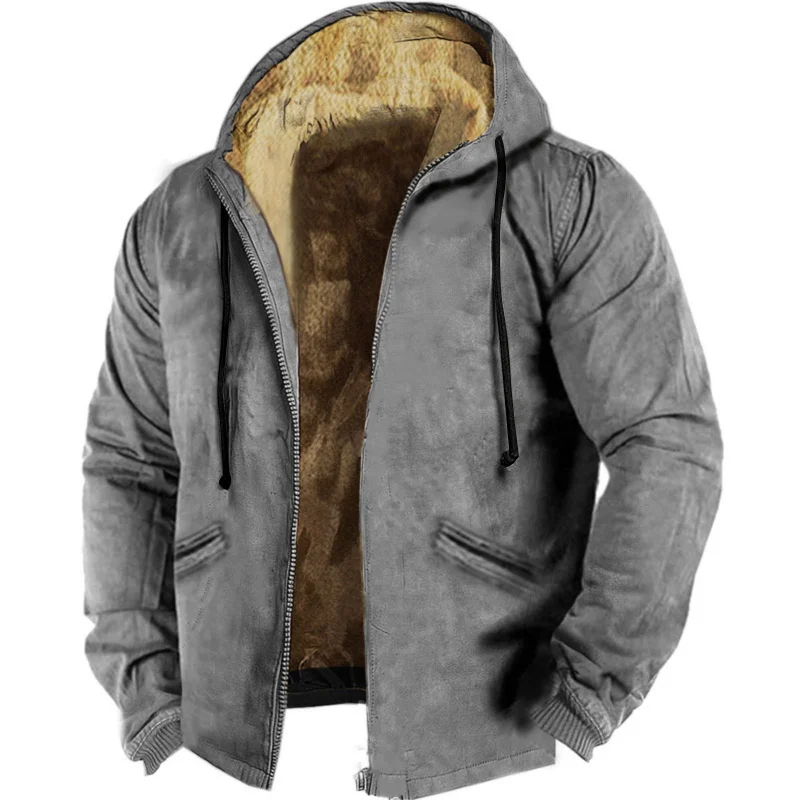 Trendy Fleece-lined Thicken Cotton Clothes Coat Brown Double-Layer Lining3DDigital Printing Zipped Cotton-Padded Jacket