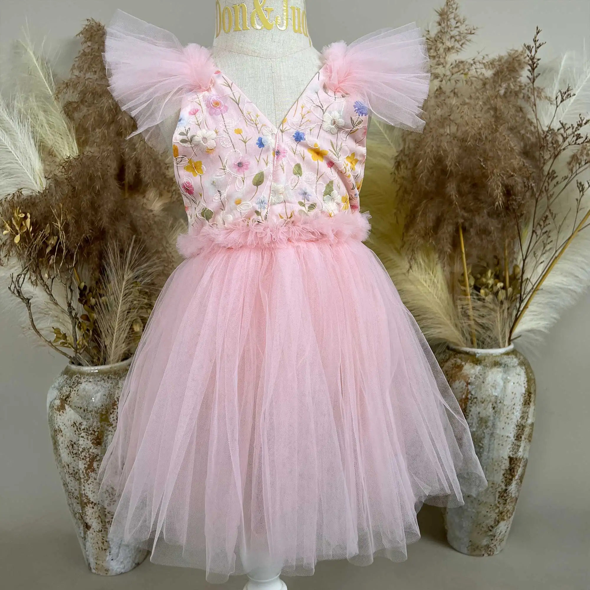 Don&Judy Square Neck Puff Sleeve Floral Print Tulle Layered Kids Dress Cute Toddler Girl Outfit for Birthday Family Photoshoot