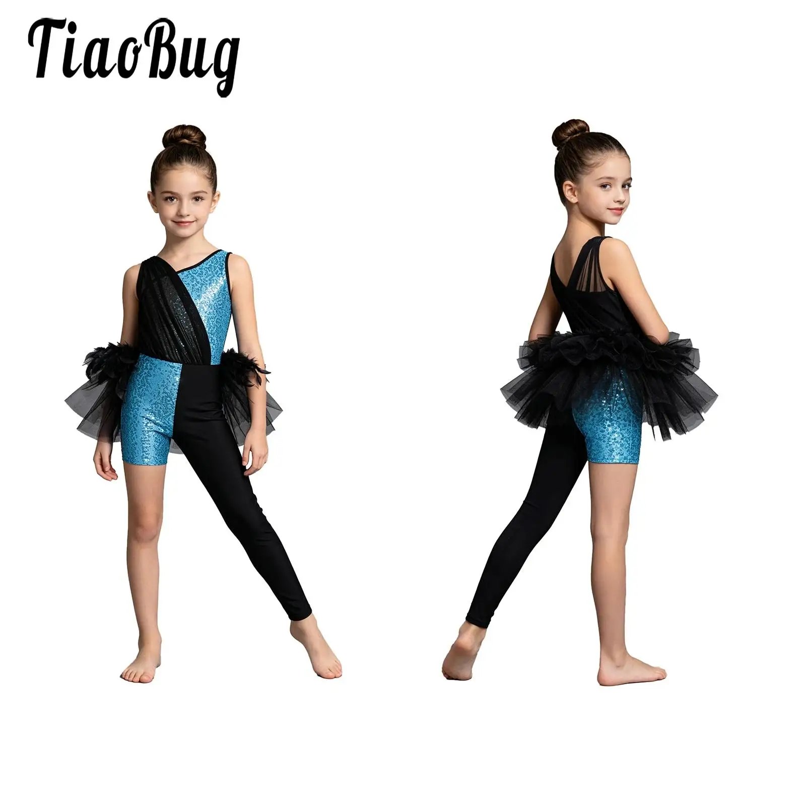 Kids Girls Sparkly Sequins Ballet Jazz Dance Jumpsuits Asymmetrical Leotards Tulle Skirted Bodysuit for Performance Competition